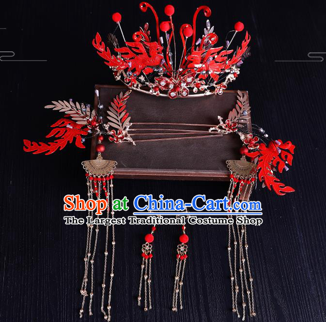 Traditional Chinese Handmade Red Phoenix Chaplet Hairpins Ancient Bride Hair Accessories for Women