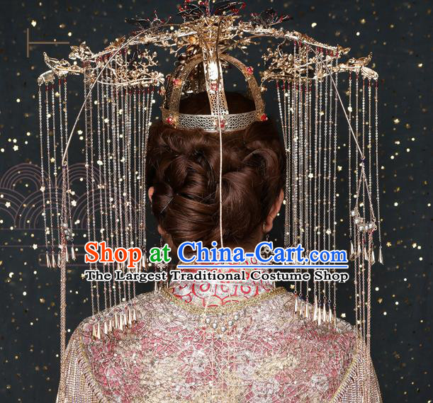 Traditional Chinese Handmade Golden Crown Chaplet Hairpins Ancient Bride Hair Accessories for Women