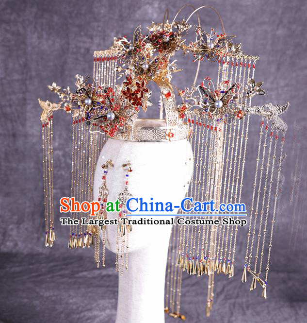 Traditional Chinese Handmade Golden Crown Chaplet Hairpins Ancient Bride Hair Accessories for Women
