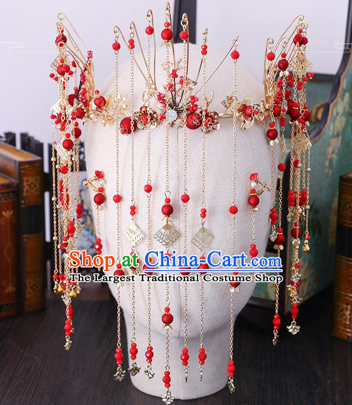 Traditional Chinese Wedding Cloisonne Red Beads Hair Clasp Tassel Hairpins Handmade Ancient Bride Hair Accessories for Women