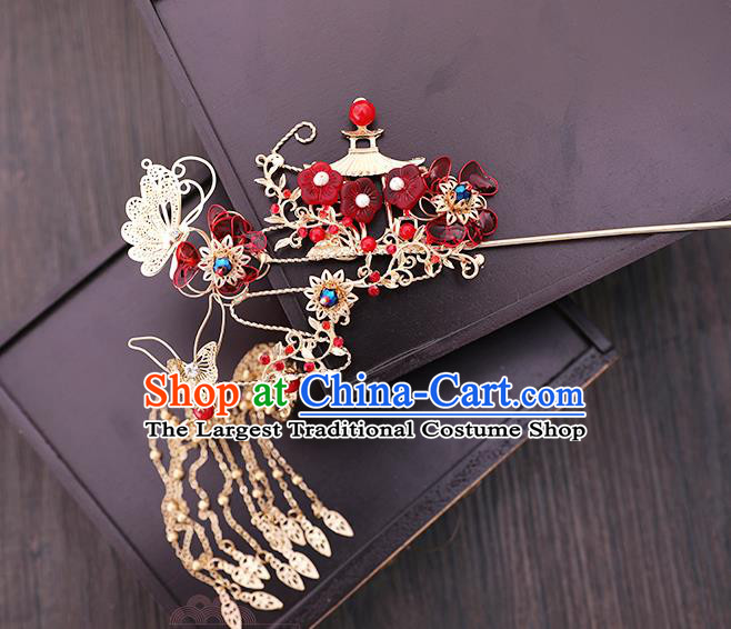 Traditional Chinese Wedding Red Plum Blossom Hair Clasp Tassel Hairpins Handmade Ancient Bride Hair Accessories for Women