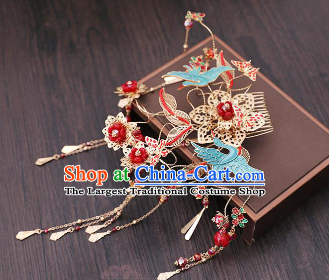 Traditional Chinese Wedding Crane Hair Comb Tassel Hairpins Handmade Ancient Bride Hair Accessories for Women