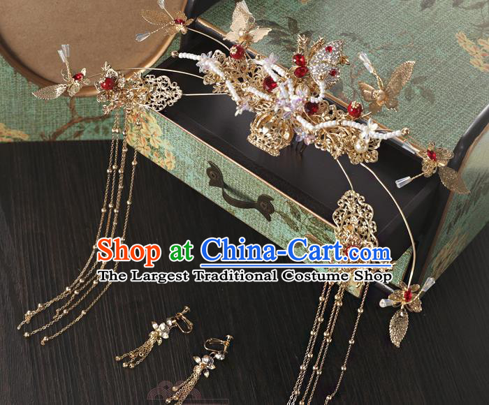 Traditional Chinese Wedding Crystal Butterfly Hair Comb Tassel Hairpins Handmade Ancient Bride Hair Accessories for Women
