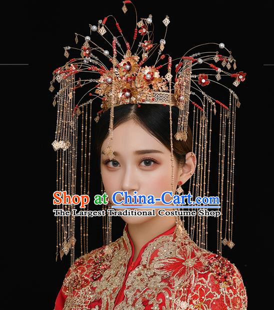 Traditional Chinese Handmade Red Beads Hair Crown Chaplet Hairpins Ancient Bride Hair Accessories for Women