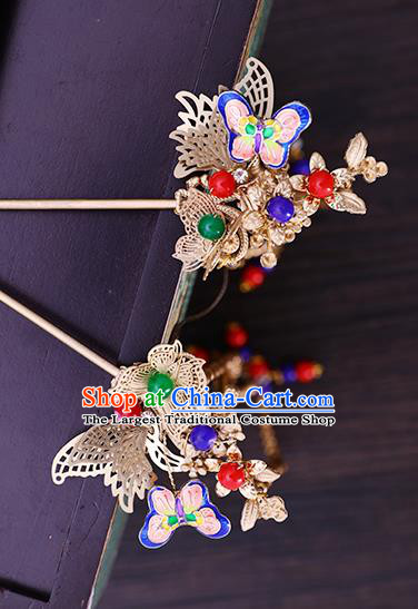 Traditional Chinese Wedding Cloisonne Butterfly Hair Clasp Tassel Hairpins Handmade Ancient Bride Hair Accessories for Women