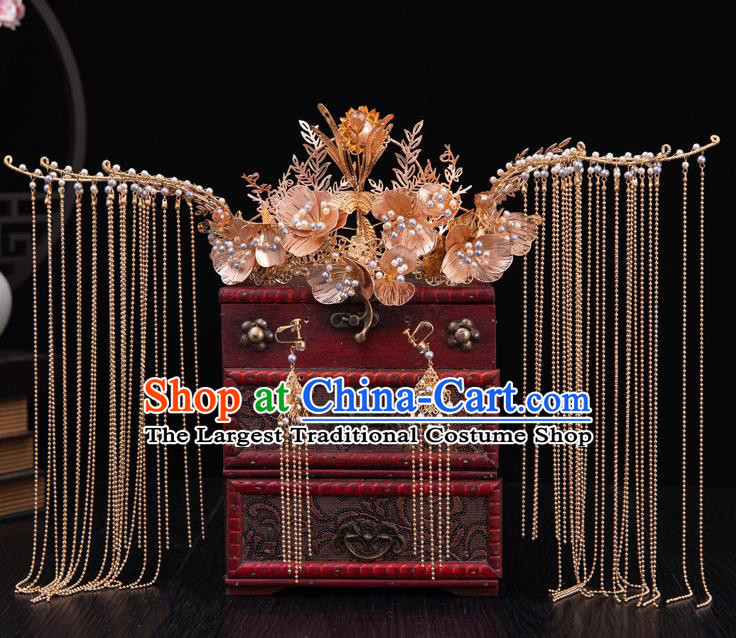 Traditional Chinese Handmade Golden Tassel Phoenix Crown Hairpins Ancient Bride Hair Accessories for Women