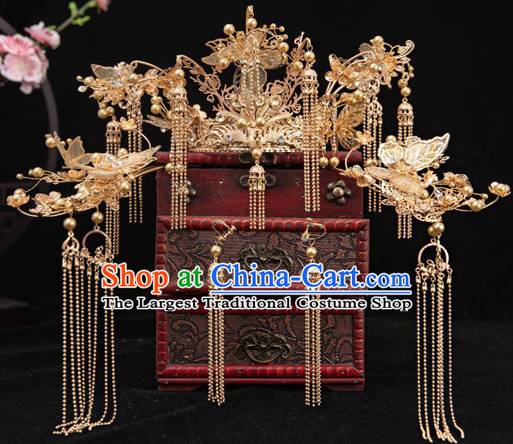 Traditional Chinese Handmade Golden Butterfly Tassel Phoenix Crown Hairpins Ancient Bride Hair Accessories for Women
