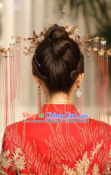 Traditional Chinese Handmade Red Tassel Butterfly Crown Hairpins Ancient Bride Hair Accessories for Women