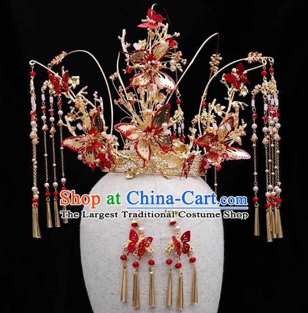 Traditional Handmade Chinese Wedding Red Butterfly Hair Crown Hairpins Ancient Bride Hair Accessories for Women