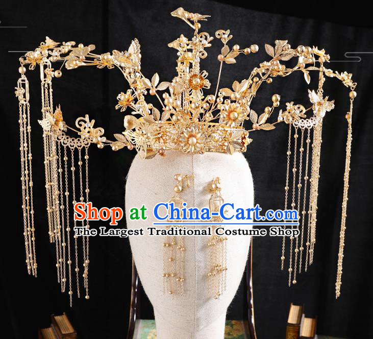 Traditional Handmade Chinese Wedding Golden Tassel Coronet Hairpins Ancient Bride Hair Accessories for Women