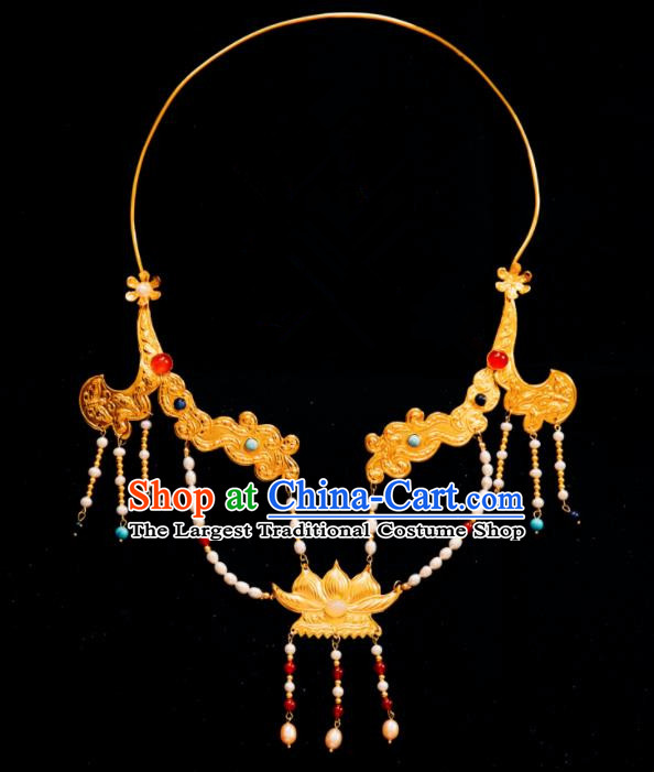 Chinese Traditional Tang Dynasty Golden Lotus Pearls Necklace Handmade Ancient Princess Necklet Accessories for Women