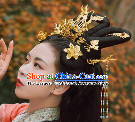 Traditional Chinese Tang Dynasty Princess Crane Hair Comb Hairpins Handmade Ancient Queen Hair Accessories for Women