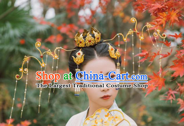 Traditional Chinese Tang Dynasty Princess Hair Crown Phoenix Tassel Hairpins Handmade Ancient Queen Hair Accessories for Women