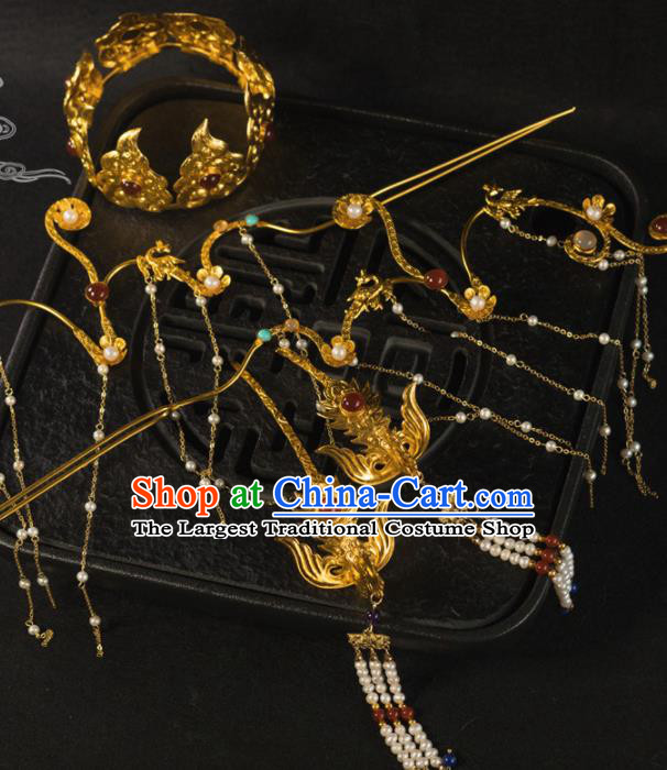 Traditional Chinese Tang Dynasty Princess Hair Crown Phoenix Tassel Hairpins Handmade Ancient Queen Hair Accessories for Women
