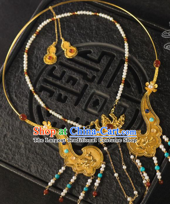 Chinese Traditional Tang Dynasty Wedding Golden Necklace Handmade Ancient Princess Necklet Accessories for Women