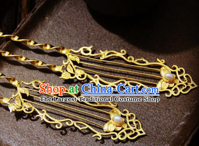Chinese Traditional Ming Dynasty Princess Golden Pearl Hairpins Handmade Ancient Royal Empress Hair Accessories for Women