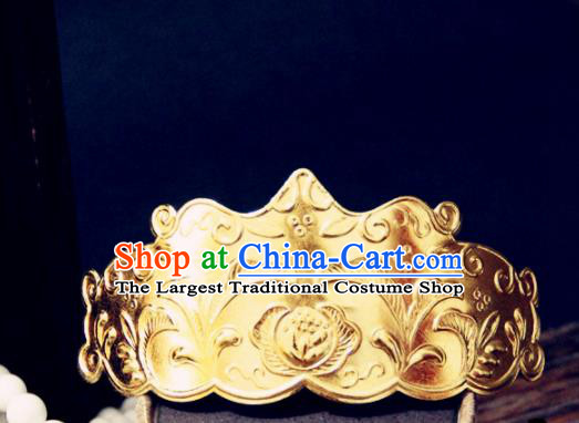 Chinese Traditional Ming Dynasty Princess Golden Hair Crown Hairpins Handmade Ancient Royal Empress Hair Accessories for Women