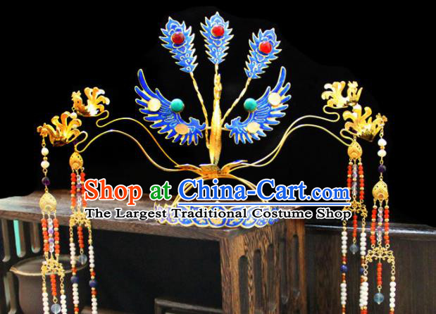 Traditional Chinese Ming Dynasty Princess Cloisonne Phoenix Coronet Hairpins Handmade Ancient Queen Hair Accessories for Women