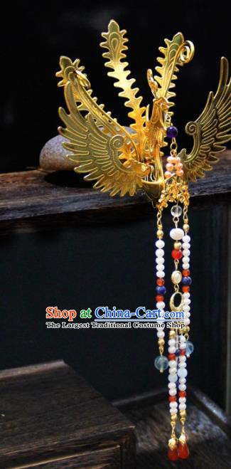 Chinese Traditional Tang Dynasty Princess Golden Phoenix Tassel Hairpins Handmade Ancient Royal Empress Hair Accessories for Women