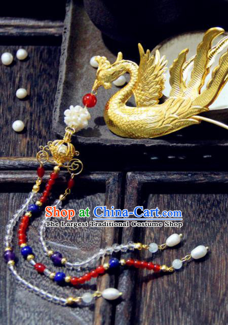 Chinese Traditional Ming Dynasty Princess Golden Phoenix Tassel Hairpins Handmade Ancient Royal Empress Hair Accessories for Women