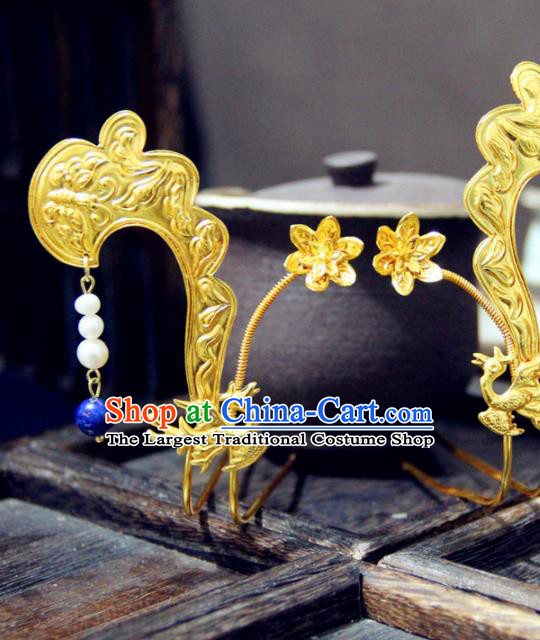 Chinese Traditional Tang Dynasty Princess Golden Phoenix Hairpin Handmade Ancient Royal Empress Hair Accessories for Women