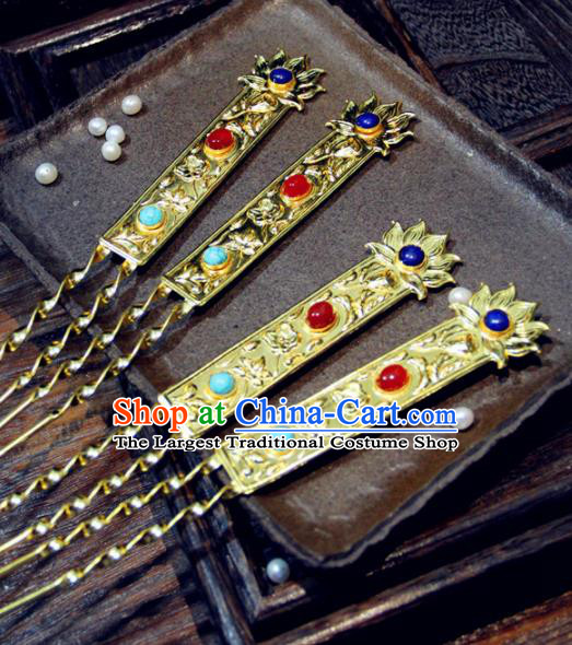Chinese Traditional Tang Dynasty Princess Golden Lotus Hairpins Handmade Ancient Royal Empress Hair Accessories for Women