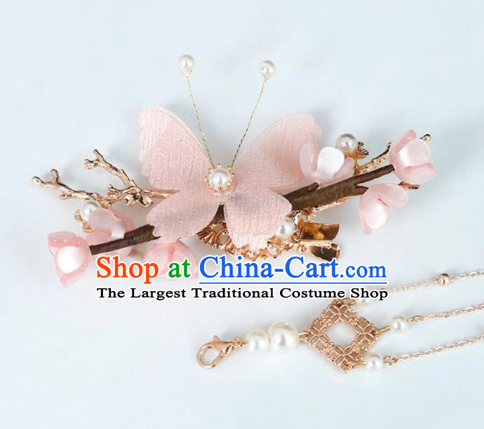 Traditional Chinese Hanfu Pink Silk Butterfly Hair Claw Handmade Ancient Princess Hair Accessories Complete Set for Women