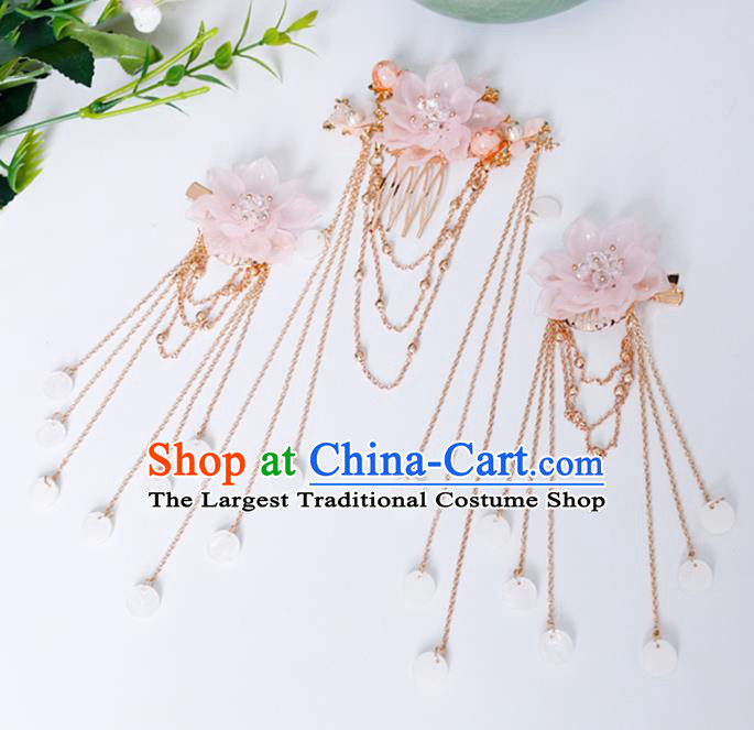 Traditional Chinese Hanfu Pink Flower Hair Comb Hairpin Handmade Ancient Princess Hair Accessories for Women