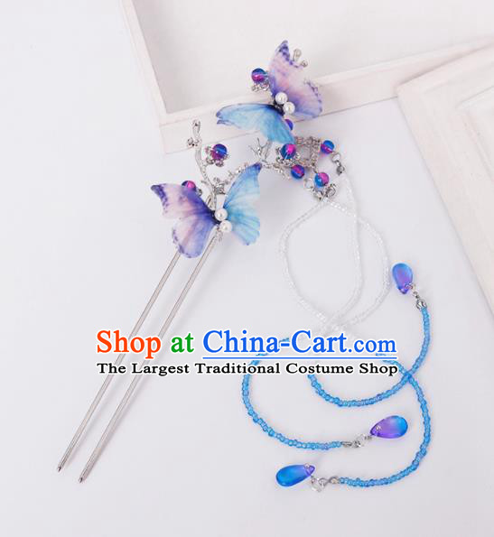 Traditional Chinese Hanfu Blue Butterfly Hairpin Handmade Ancient Princess Hair Accessories for Women