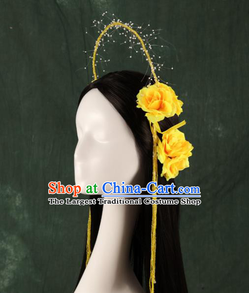 Traditional Chinese Song Dynasty Princess Wigs and Yellow Peony Hairpins Ancient Seven Fairies Hair Accessories for Women