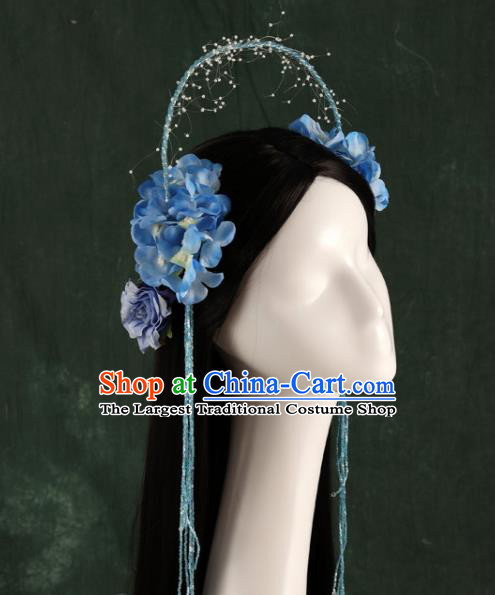 Traditional Chinese Song Dynasty Princess Wigs and Blue Flowers Hairpins Ancient Seven Fairies Hair Accessories for Women