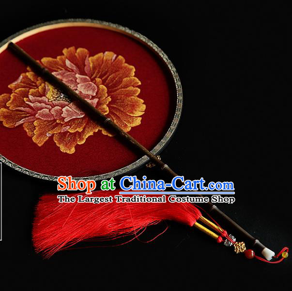 Traditional Chinese Hanfu Wedding Red Fans Handmade Ancient Princess Embroidered Peony Palace Fan for Women