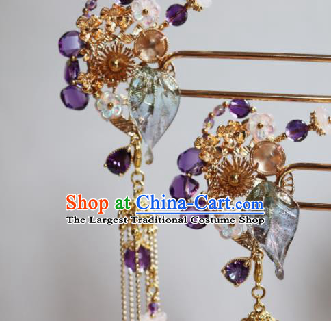 Traditional Chinese Ming Dynasty Princess Purple Tassel Hairpins Ancient Court Queen Hair Accessories for Women