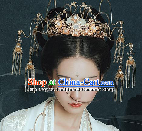 Traditional Chinese Ming Dynasty Jade Phoenix Coronet Tassel Hairpins Ancient Court Queen Hair Accessories for Women