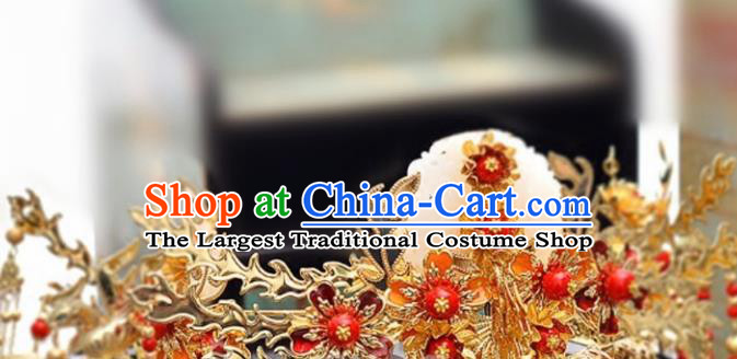 Traditional Chinese Wedding Jade Phoenix Coronet Hairpins Ancient Court Queen Hair Accessories for Women