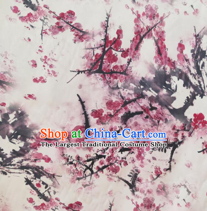 Chinese Traditional Ink Plum Blossom Pattern White Silk Fabric Mulberry Silk Fabric Hanfu Dress Material