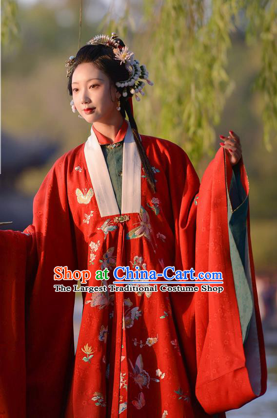 Chinese Ancient Embroidered Butterfly Red Hanfu Cardigan Traditional Ming Dynasty Princess Costume for Women