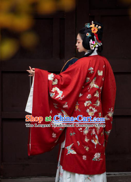 Chinese Ancient Embroidered Butterfly Red Hanfu Cardigan Traditional Ming Dynasty Princess Costume for Women