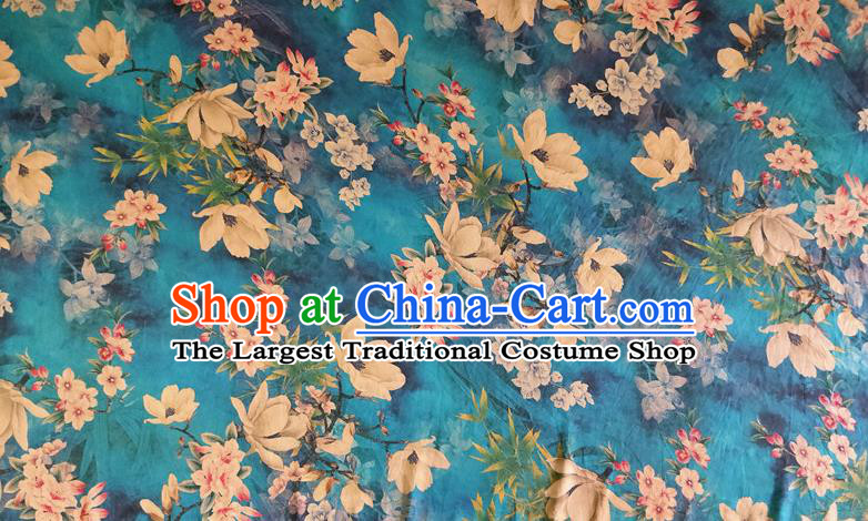 Chinese Traditional Yulan Magnolia Pattern Blue Silk Fabric Mulberry Silk Fabric Hanfu Dress Material