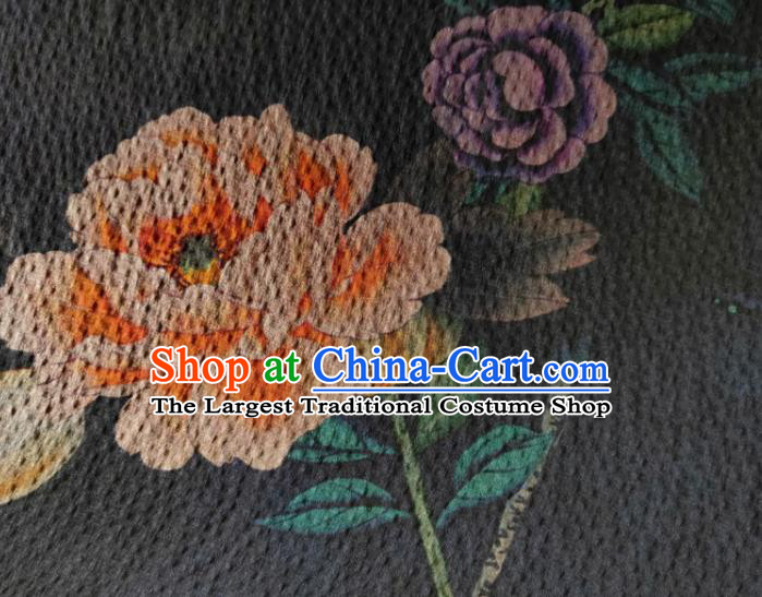 Chinese Traditional Peony Bird Pattern Navy Silk Fabric Mulberry Silk Fabric Hanfu Dress Material