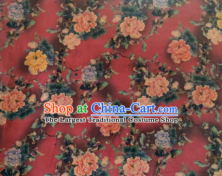 Chinese Traditional Peony Flowers Pattern Red Silk Fabric Mulberry Silk Fabric Hanfu Dress Material
