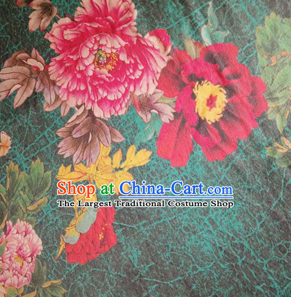 Chinese Traditional Peony Pattern Deep Green Silk Fabric Mulberry Silk Fabric Hanfu Dress Material