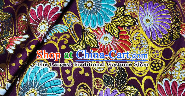Japanese Traditional Sunflowers Pattern Kimono Fuchsia Brocade Fabric Tapestry Satin Fabric Nishijin Material
