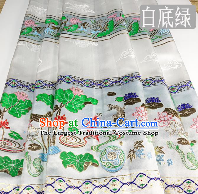 Chinese Traditional Lotus Fishes Pattern White Brocade Fabric Silk Satin Fabric Hanfu Material