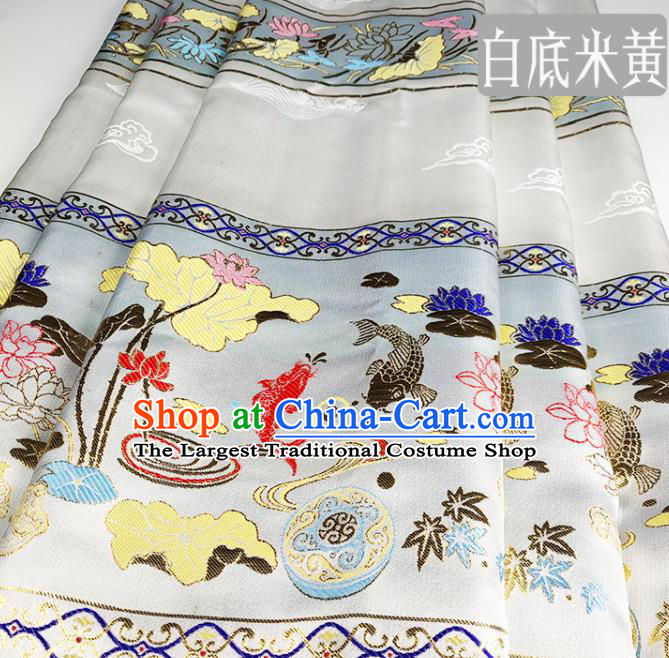 Chinese Traditional Lotus Fishes Pattern Beige Brocade Fabric Silk Satin Fabric Hanfu Material