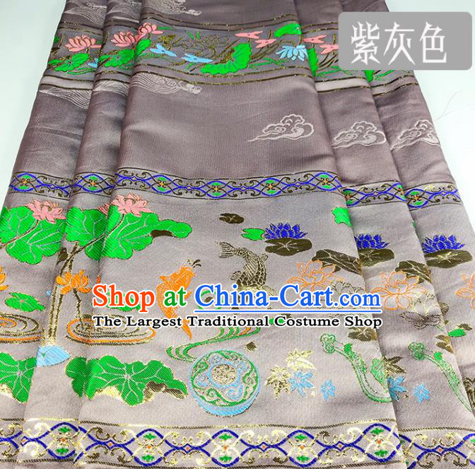 Chinese Traditional Fishes Lotus Pattern Grey Brocade Fabric Silk Satin Fabric Hanfu Material