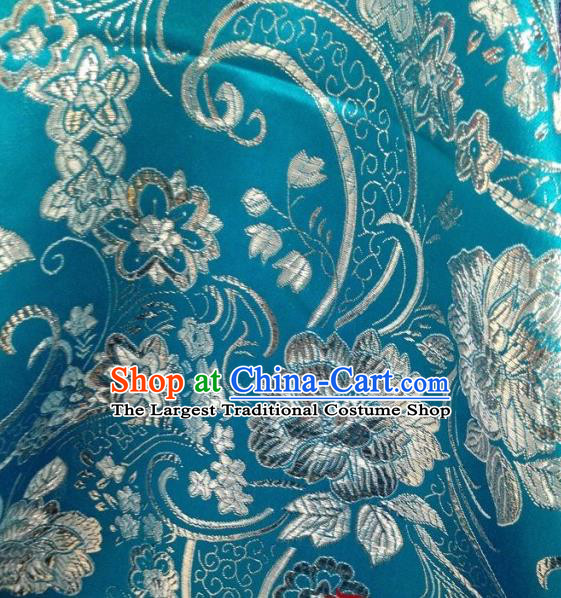 Chinese Traditional Peony Pattern Blue Brocade Fabric Silk Tapestry Satin Fabric Hanfu Material