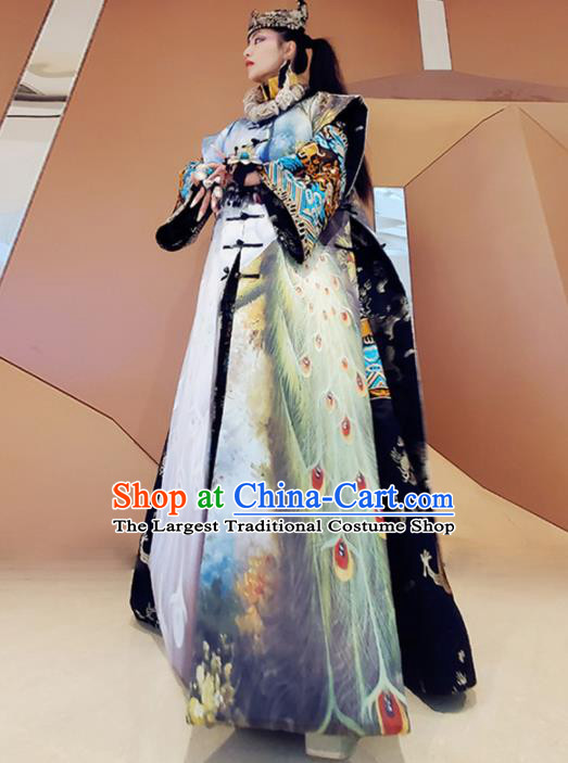 Chinese Traditional National Printing Peacock Dress Tang Suit Cloak for Women