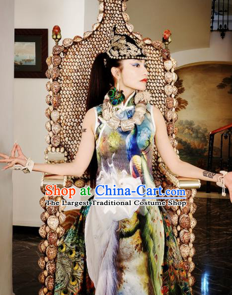 Chinese Traditional National Printing Peacock Silk Dress Tang Suit Cheongsam Costume for Women