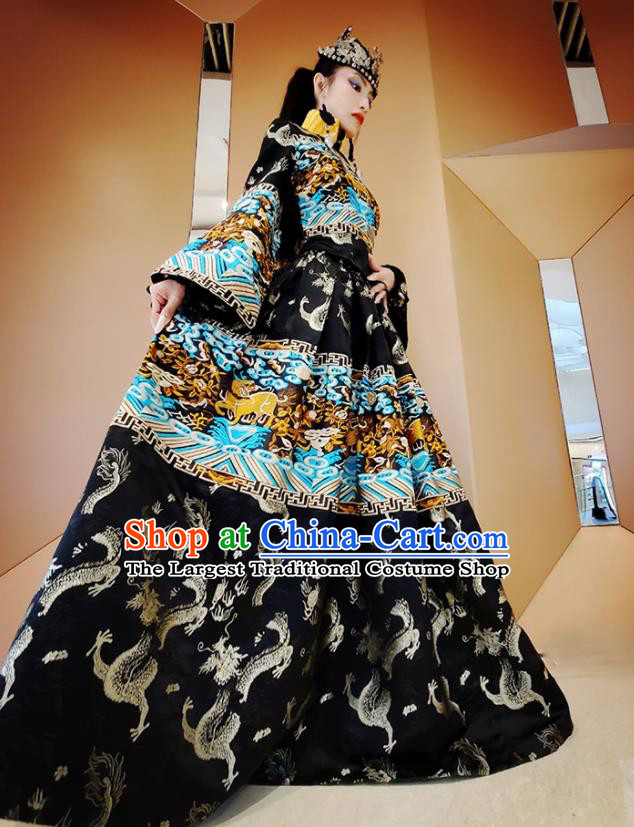Chinese Traditional National Embroidered Navy Dress Tang Suit Clothing for Women